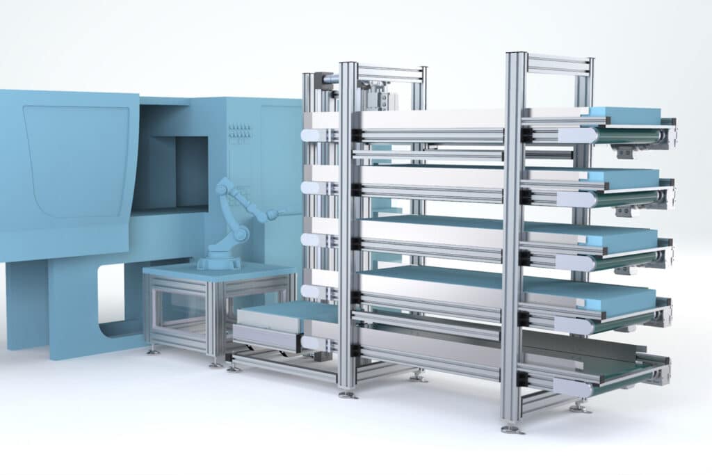„Robotunits Produktionspuffer mit mehreren Förderebenen – intelligente Zwischenlagerung für automatisierte Produktionslinien