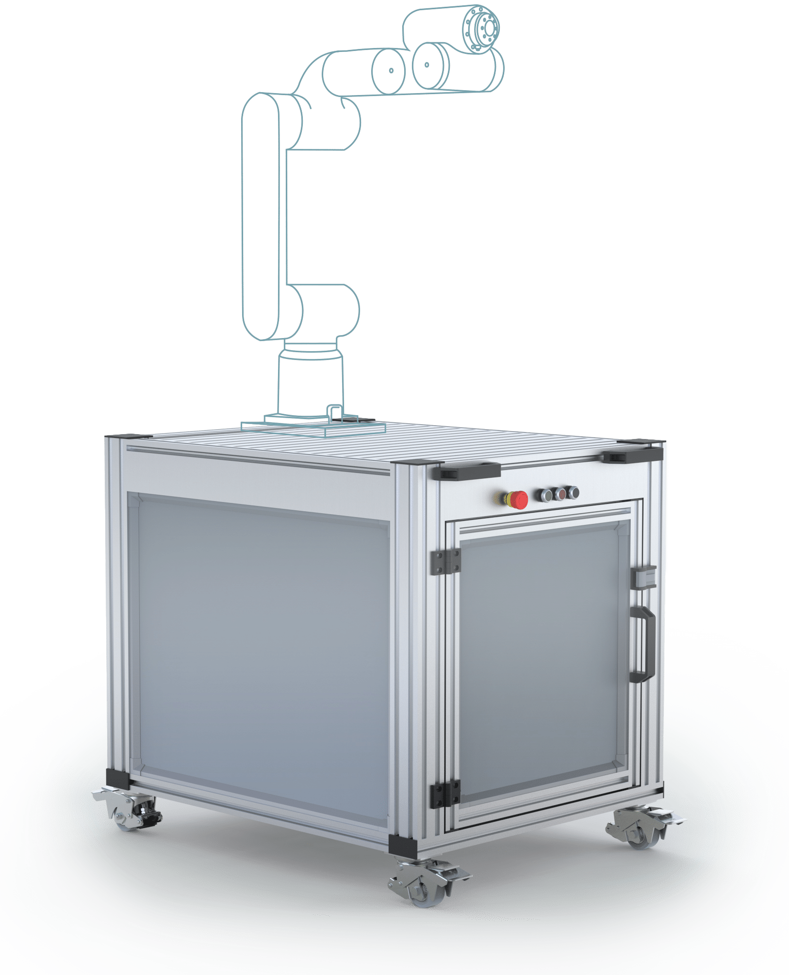 Cobot-Station Komponenten im Detail: Aluminiumpfrofile, Profilscharniere, Profilhandgriffe von Robotunits