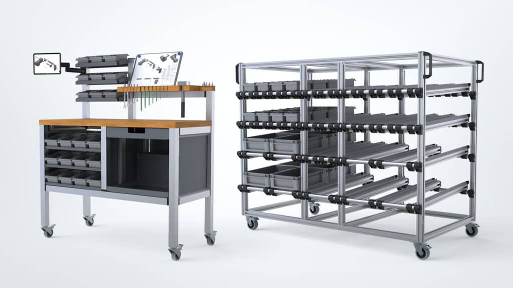 Mobiler, modularer Arbeitstisch von Robotunits mit ergonomischer Materialbereitstellung und flexibler Werkzeuganordnung. Ausgestattet mit integrierter Behälterlagerung, einer schwenkbaren digitalen Anzeige und einer Lochwand zur Werkzeugorganisation. Ergänzt durch ein Lean-Lagerregal mit Rollenbahnen zur effizienten Materialzufuhr. Ideal für eine schlanke, optimierte Produktion und Montage.